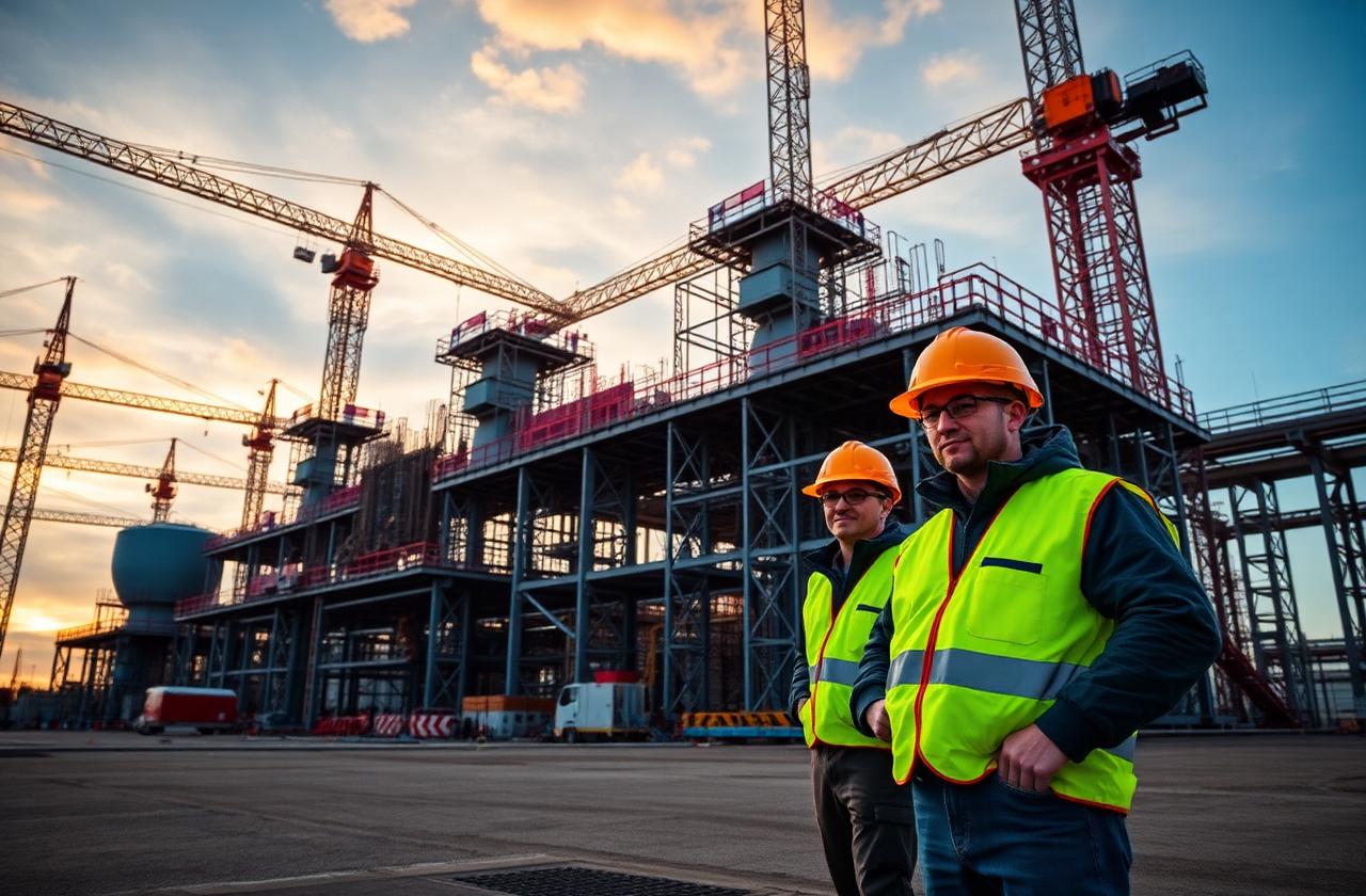 Industrial plant construction site with cranes