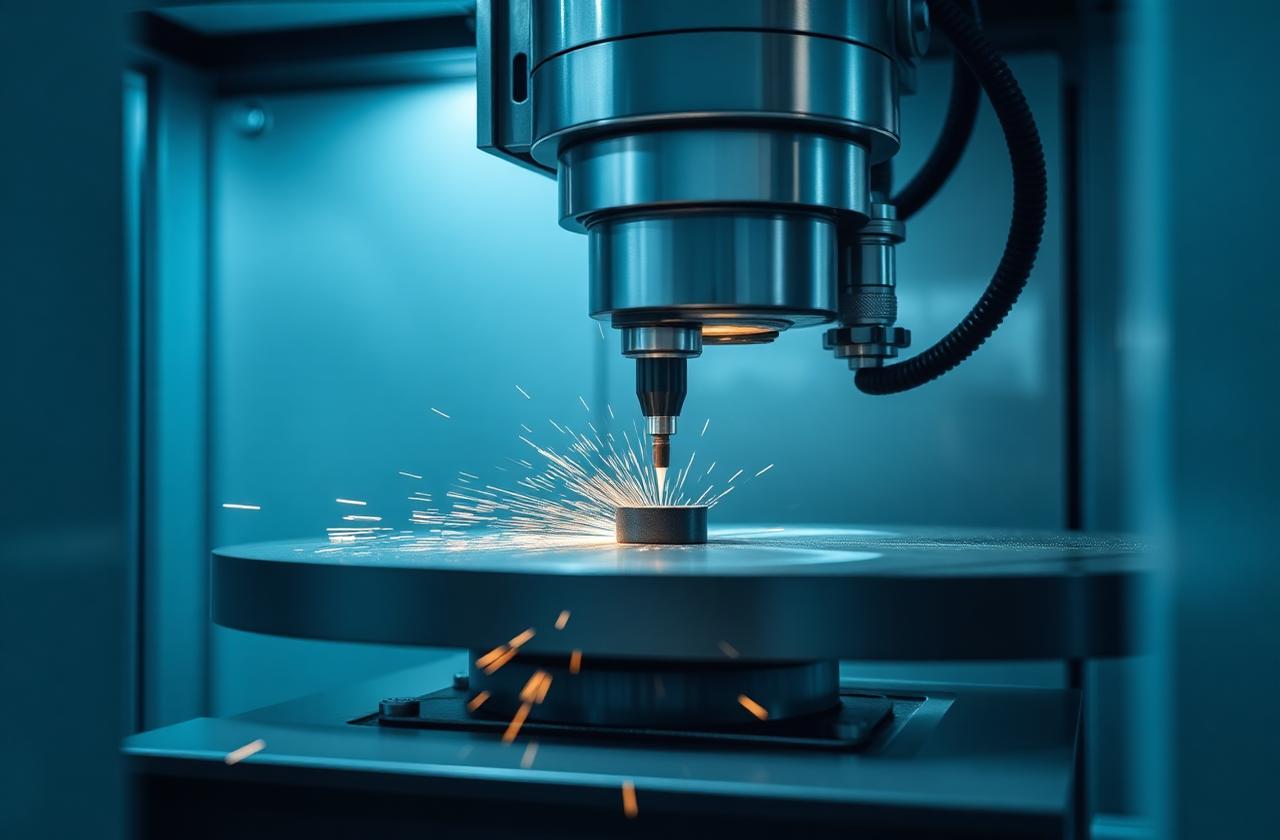 CNC machining centre cutting a precision metal component